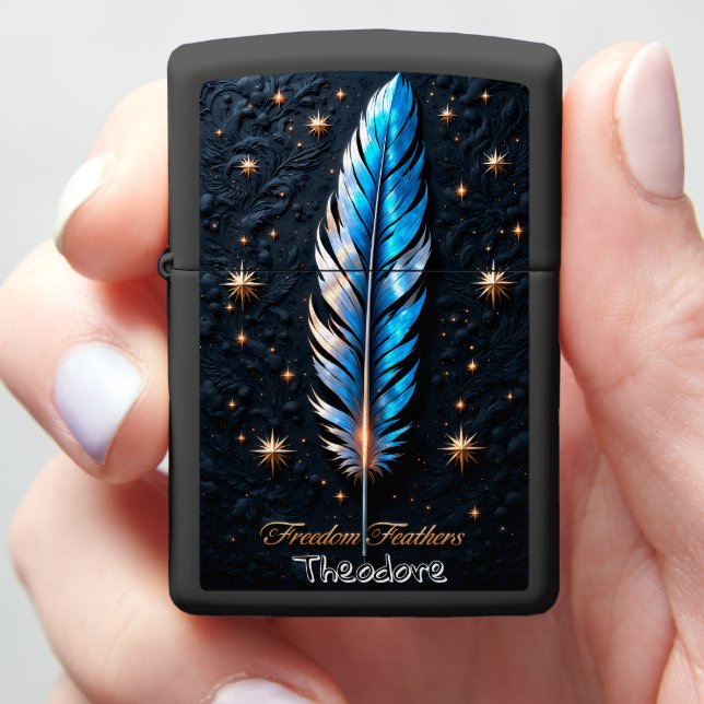 Blue Feather Black Gothic Zippo Lighter (In Hand)