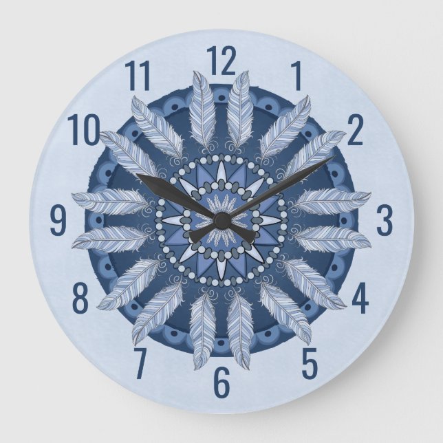 Blue Feather Mandala Large Clock (Front)