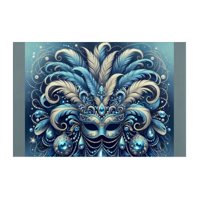 Blue Feather Masquerade Mask Illustration Acrylic Print (Front)