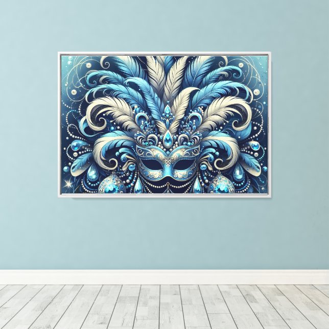 Blue Feather Masquerade Mask Illustration Canvas Print (Insitu(Wood Floor))