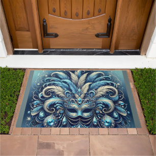 Blue Feather Masquerade Mask Illustration Doormat