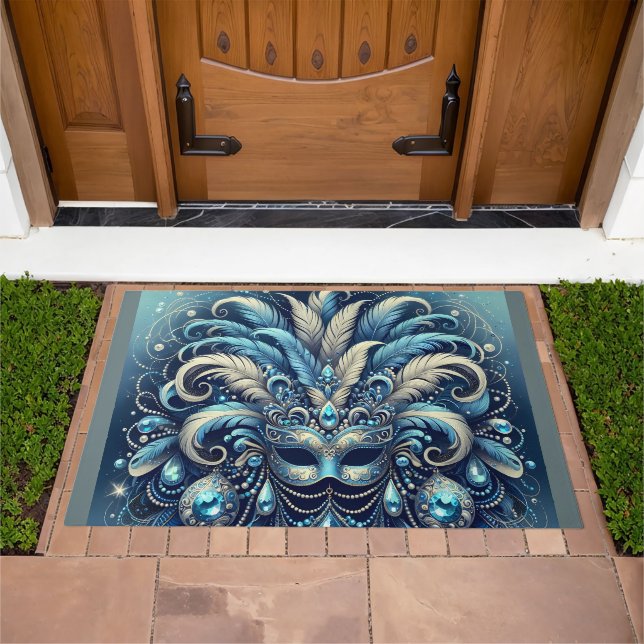 Blue Feather Masquerade Mask Illustration Doormat (Outdoor)