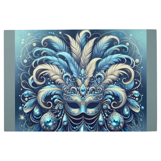 Blue Feather Masquerade Mask Illustration Metal Print (Front)