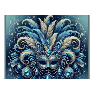 Blue Feather Masquerade Mask Illustration Poster