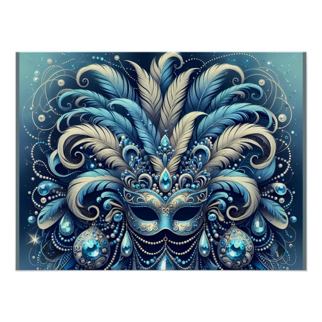 Blue Feather Masquerade Mask Illustration Poster (Front)