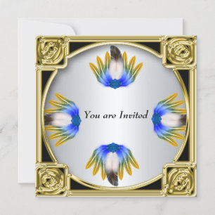 Blue Feather Silver Gold Frame Invitation