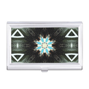 blue feather star-burst on black business card holder
