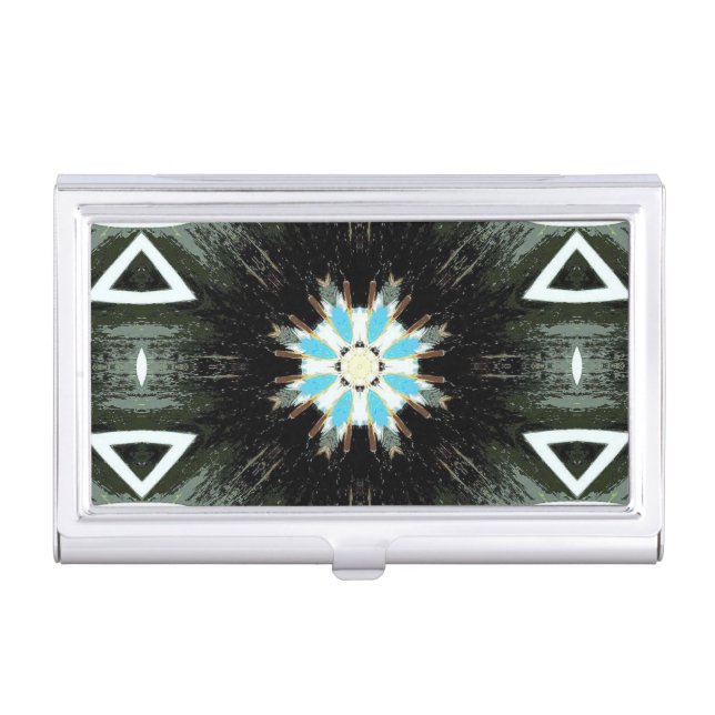 blue feather star-burst on black business card holder (Front)