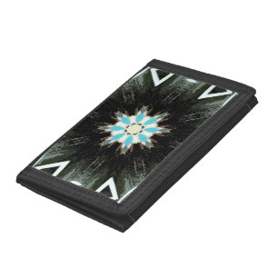 blue feather star-burst on black tri-fold wallet