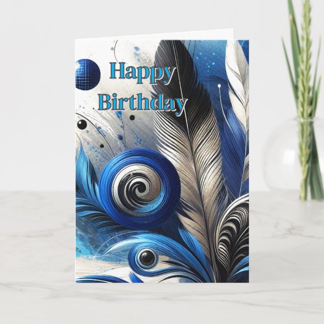 Blue Feathers Abstract AI Art Happy Birthday  Card (Front)