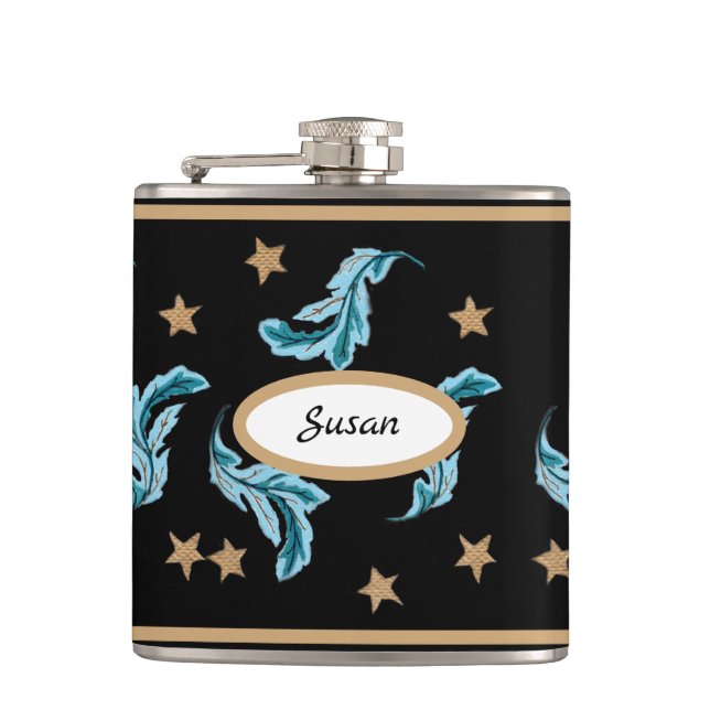 Blue Feathers and Gold Stars Boho Style on Black Flask (Front)