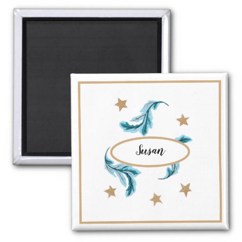 Blue Feathers and Gold Stars Boho Style on White Magnet