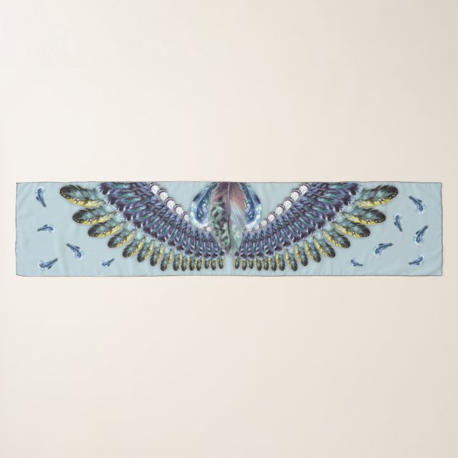 Blue Feathers Bird Wings Colorful Illustrated Scarf (Front (Horizontal))