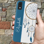 Blue Feathers Dreamcatcher Custom Name Boho iPhone XR Case<br><div class="desc">This boho style phone case features a blue and white vertical background and matching blue string dreamcatcher and feathers. Personalize the case in the text field with a name,  remove the text or click customize to select a typeface style,  size,  and color you like.</div>