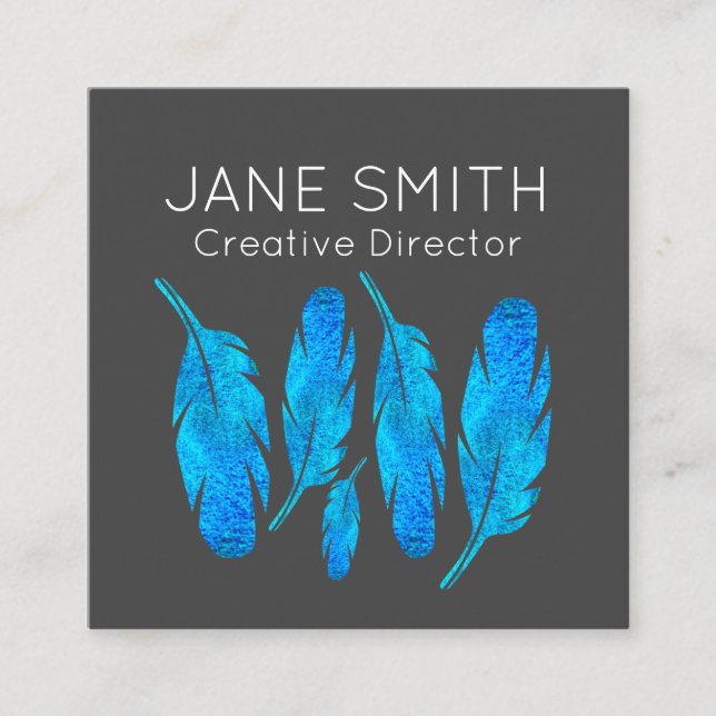 Blue feathers modern colorful creative industry square business card (Front)