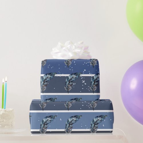 Blue Feathers On Blue and White Stripes Wrapping Paper