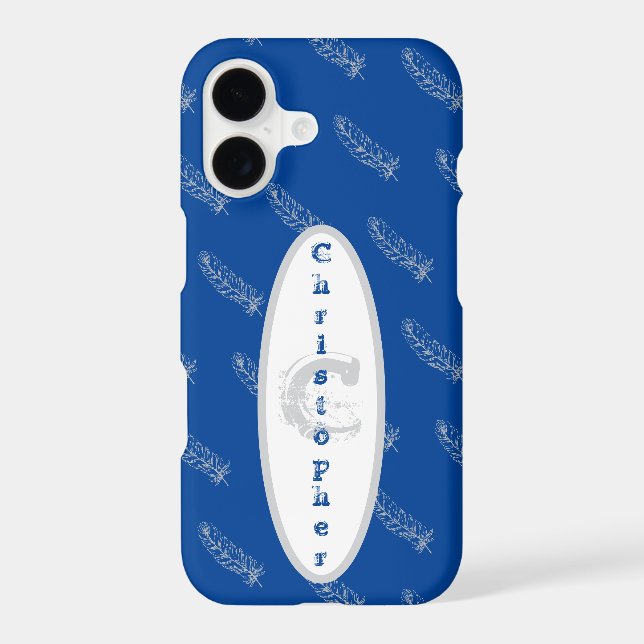 Blue Feathers Pattern Modern Template Monogram iPhone Case (Back)