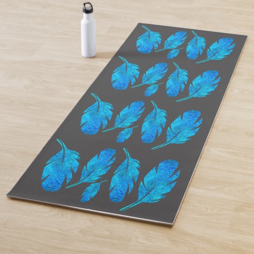 Blue feathers vibrant energetic art yoga mat