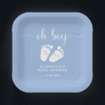 Blue Feet Baby Boy Shower Paper Plates<br><div class="desc">Cute pastel blue paper plates for your baby boy shower featuring "oh boy" in a stylish white script with swashes and a white watercolor of baby feet. Personalize with your name and shower date.</div>