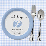 Blue Feet Baby Boy Shower Paper Plates<br><div class="desc">Cute paper plates for your baby boy shower featuring "oh boy" in a stylish script with swashes and a blue watercolor of baby feet. Underneath you can easily personalize with your name and shower date.</div>