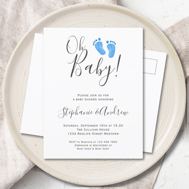 Blue Feet Couples Baby Shower Invitation Postcard (Creator Uploaded)