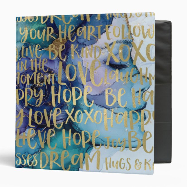 Blue Female Face Gold Inspirational Quotes 3 Ring Binder (Front/Inside)
