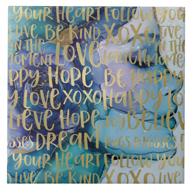 Blue Female Face Gold Inspirational Quotes Ceramic Tile (Front)