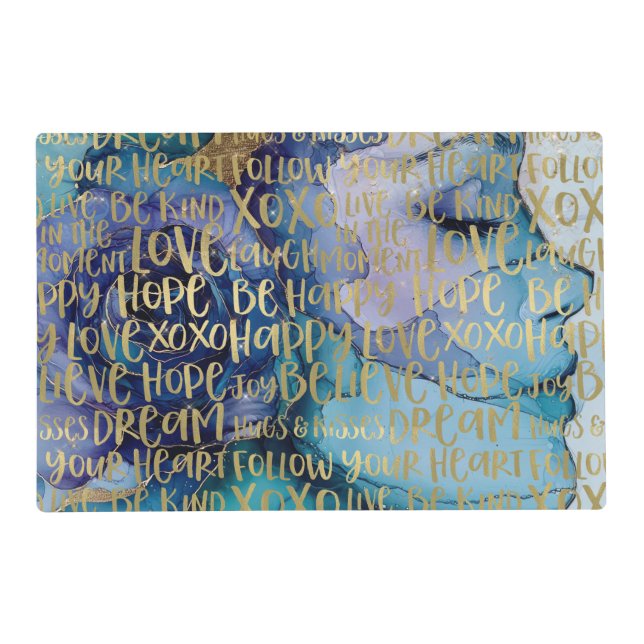 Blue Female Face Gold Inspirational Quotes Placemat (Front)