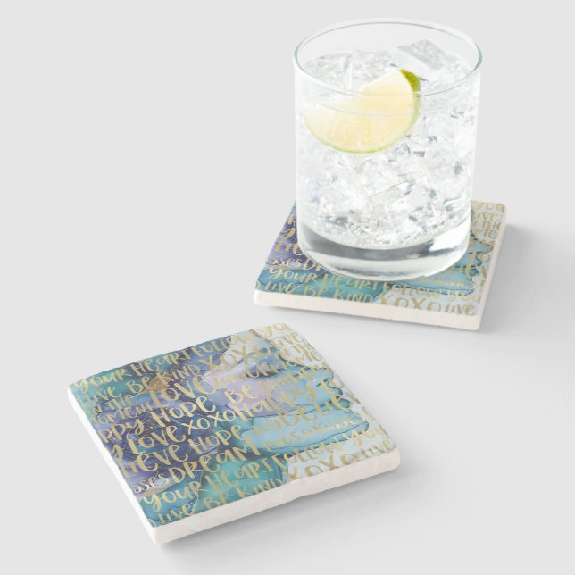 Blue Female Face Gold Inspirational Quotes Stone Coaster (Side)