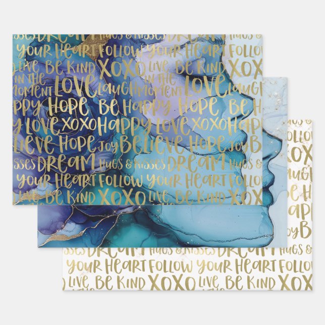 Blue Female Face Gold Inspirational Quotes Wrapping Paper Sheets (Set)