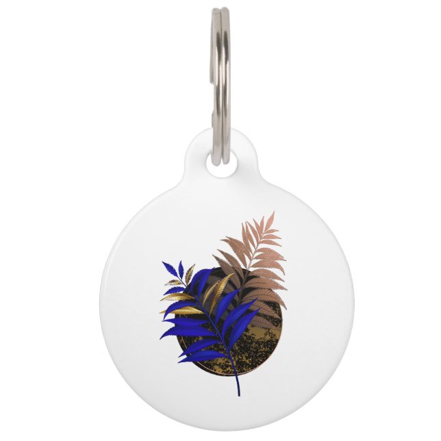 Blue fern on black circle pet ID tag (Front)