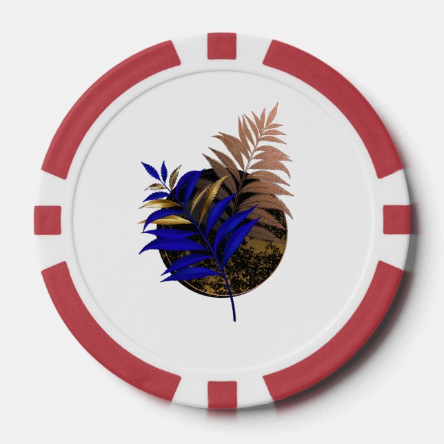 Blue fern on black circle poker chips (Front)
