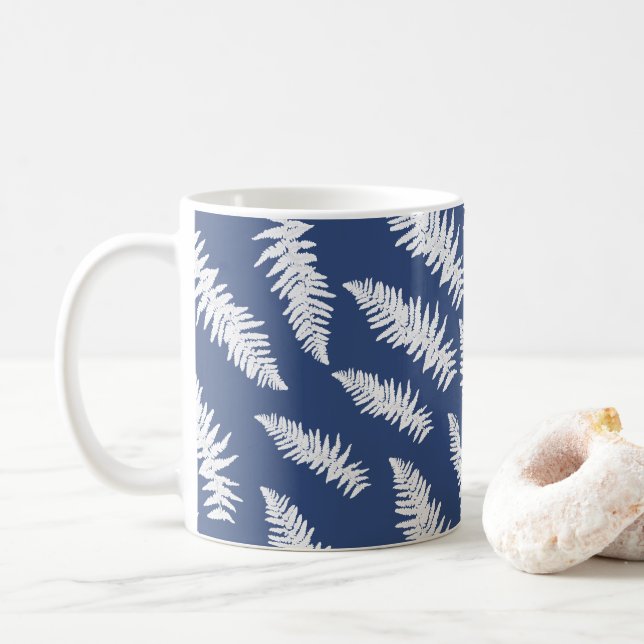 Blue Fern Pattern Botanical Coffee Mug (With Donut)