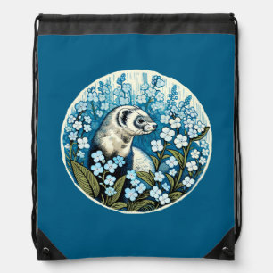 Blue Ferret Forget Me Nots Floral Ferrets Drawstring Bag