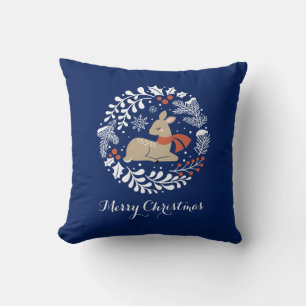 Blue Festive Christmas Reindeer Throw Pillow