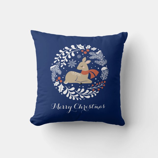 Blue Festive Christmas Reindeer Throw Pillow (Front)