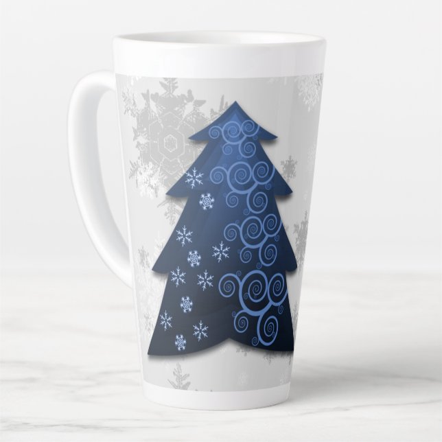 Blue Festive Christmas Tree Latte Mug (Left Angle)
