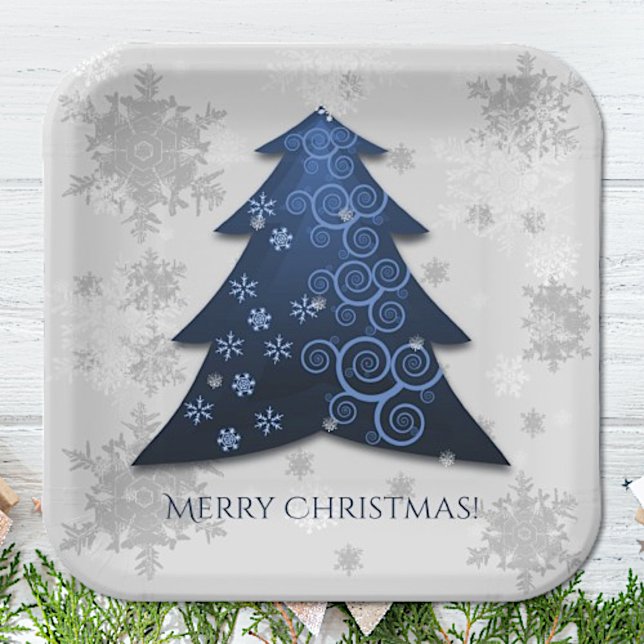 Blue Festive Christmas Tree Paper Plate (Blue Festive Christmas Tree Paper Plates)