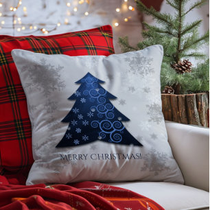 Blue Festive Christmas Tree Throw Pillow