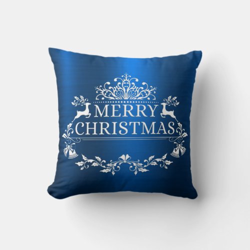 Blue Festive Merry Christmas Throw Pillow