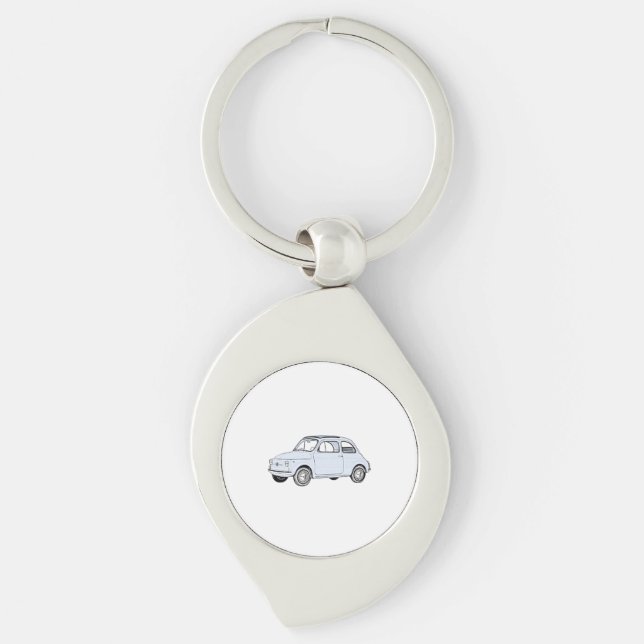 Blue Fiat 500 Topolino Pencil Style Drawing Swirl Keychain (Front)