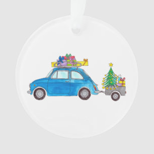 Blue Fiat 500 with Christmas Gifts Watercolor Ornament