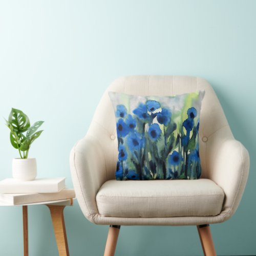 Blue Field of Flowers Abstract Watercolor Throw Pillow