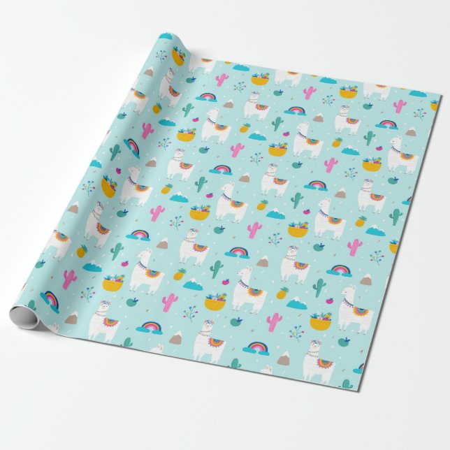 Blue Fiesta Llama Wrapping Paper (Unrolled)
