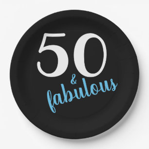 Blue Fifty and Fabulous Black Birthday Party Paper Plates