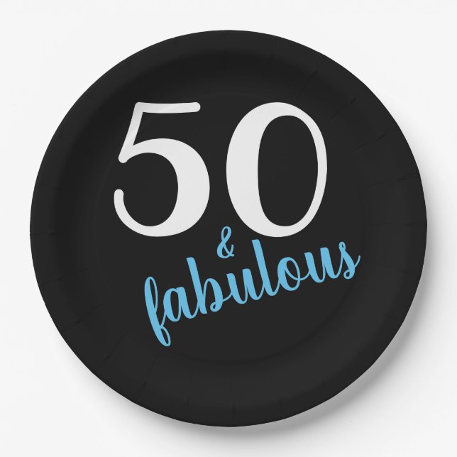Blue Fifty and Fabulous Black Birthday Party Paper Plates (Front)