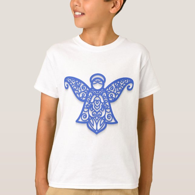 Blue Filigree Angel Silhouette Ornate Lace T-Shirt (Front)