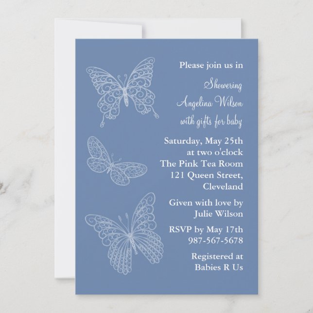 Blue Filigree Butterflies Invitation (Front)