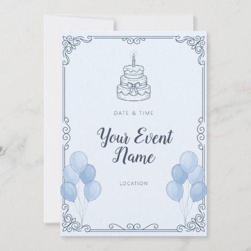 Blue Filigree Cake Balloon Frame Invitation
