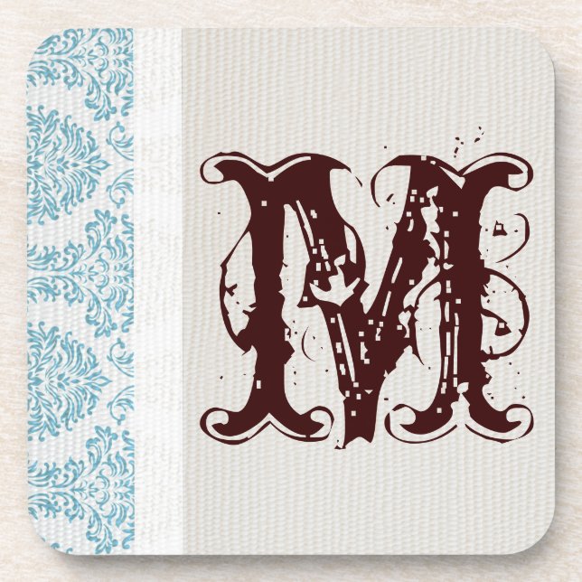 Blue Filigree Damask Monogram Drink Coaster (Front)